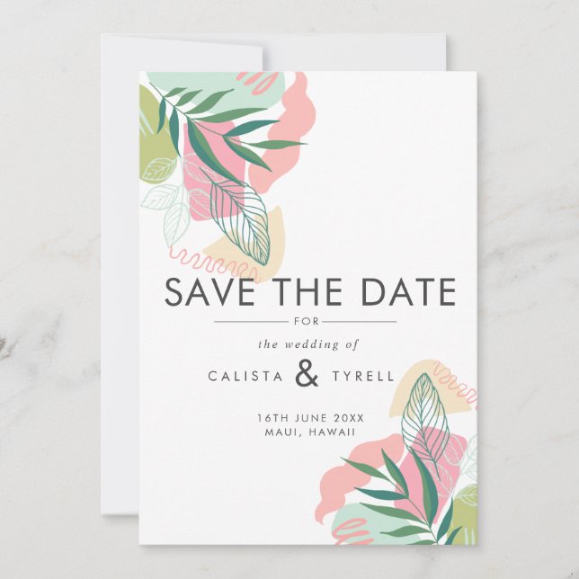 Abstract Tropical Leaves Wedding Save The Date (Front)