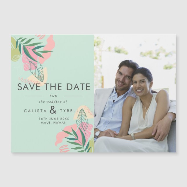 Abstract Tropical Mint & Pink Photo Save The Date  Magnetic Invitation (Front)