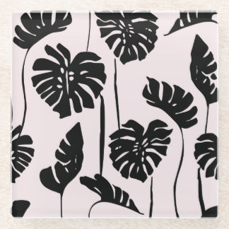Abstract Tropical Monstera Palm Art Glass Coaster