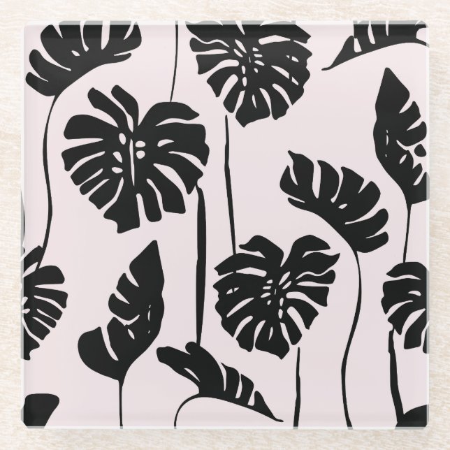Abstract Tropical Monstera Palm Art Glass Coaster (Front)