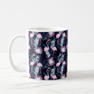 Abstract tropical pattern with flamingo, protea, l coffee mug