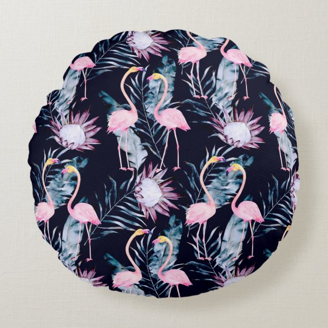 Abstract tropical pattern with flamingo, protea, l round cushion (Front)