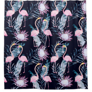 Abstract tropical pattern with flamingo, protea, l shower curtain