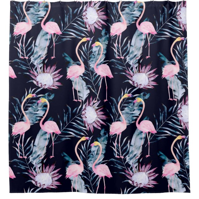 Abstract tropical pattern with flamingo, protea, l shower curtain (Front)