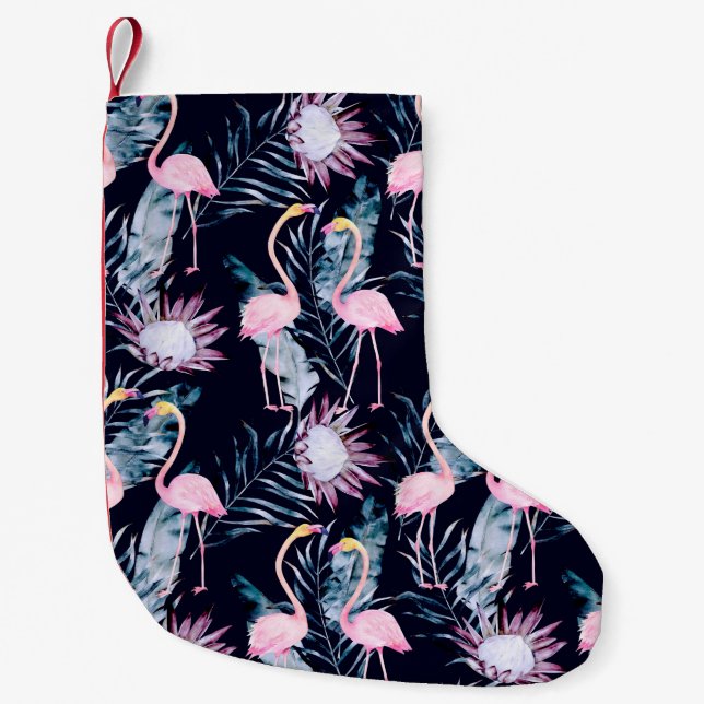 Abstract tropical pattern with flamingo, protea, l small christmas stocking (Front)