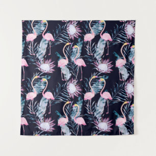Abstract tropical pattern with flamingo, protea, l tapestry