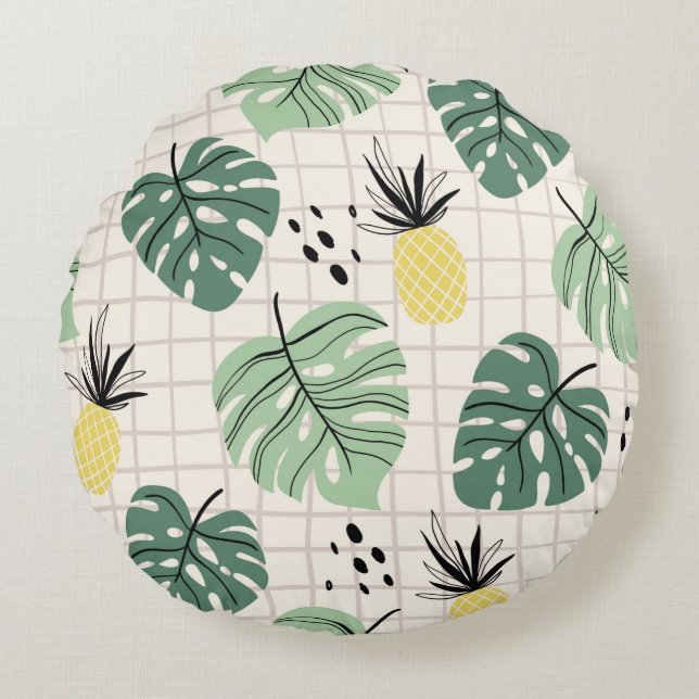 Abstract tropical seamless pattern with palm leaf  round cushion (Front)