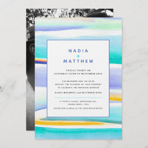 Abstract tropical tide lines aqua yellow wedding invitation