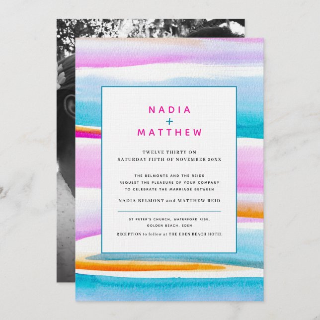 Abstract tropical tide lines pink aqua wedding invitation (Front/Back)
