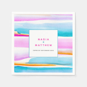 Abstract tropical tide lines pink aqua wedding napkin