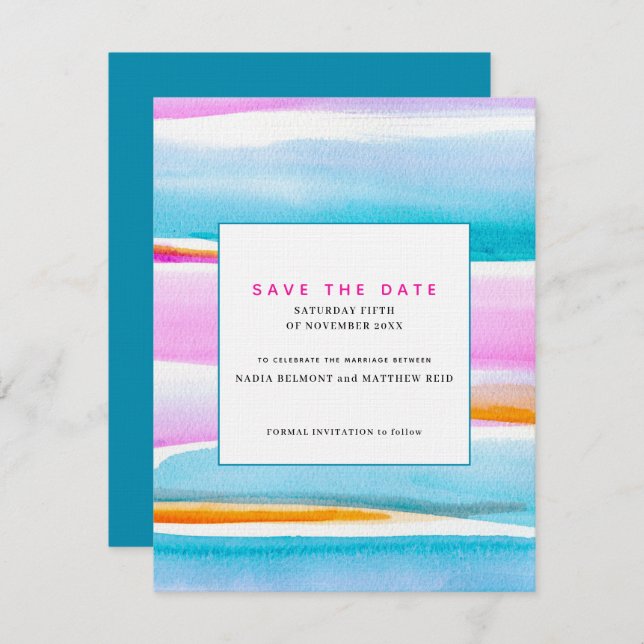 Abstract tropical tide lines wedding save the date invitation (Front/Back)