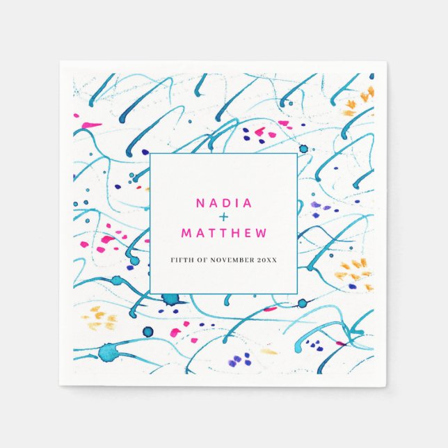 Abstract tropical waves pink aqua orange wedding napkin (Front)