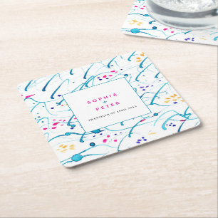 Abstract tropical waves pink aqua orange wedding square paper coaster