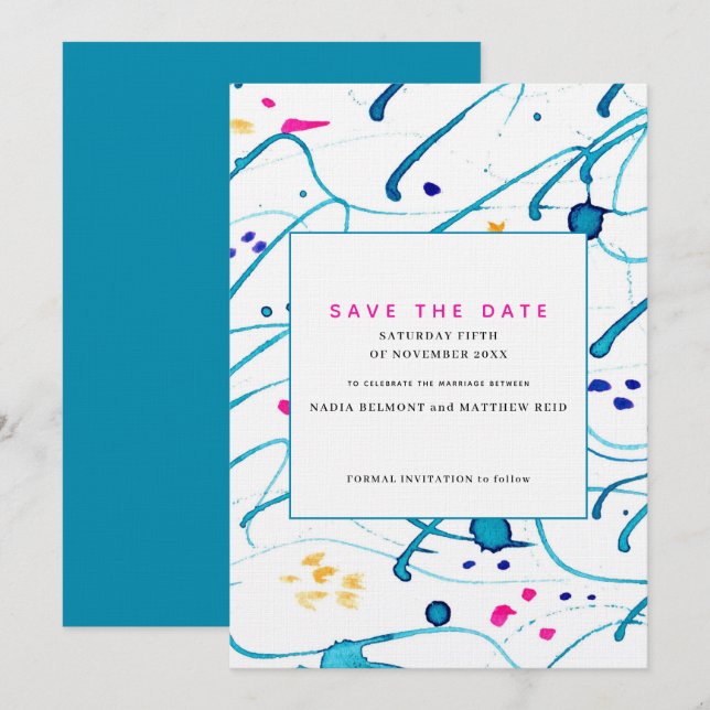 Abstract tropical waves wedding save the date invitation (Front/Back)