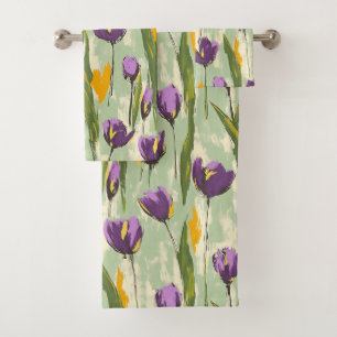 Abstract Tulip Blooms on Mint Green Background Bath Towel Set