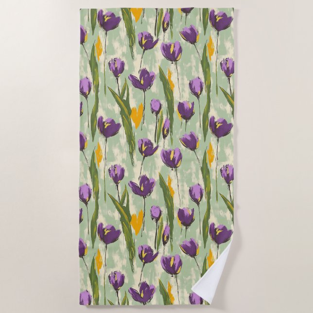 Abstract Tulip Blooms on Mint Green Background Beach Towel (Front)