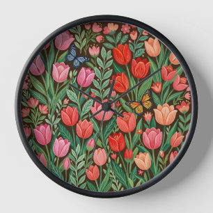 Abstract Tulips Butterflies Folk Art Art Clocks