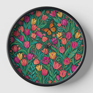 Abstract Tulips Garden Butterfly Art Clocks