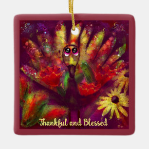 Abstract Turkey Bird Floral Red Yellow Whimsical Ceramic Ornament