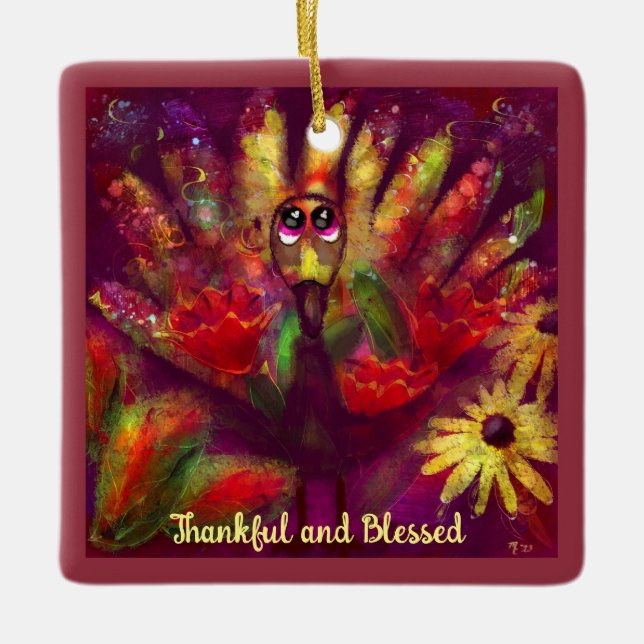 Abstract Turkey Bird Floral Red Yellow Whimsical Ceramic Ornament (Front)