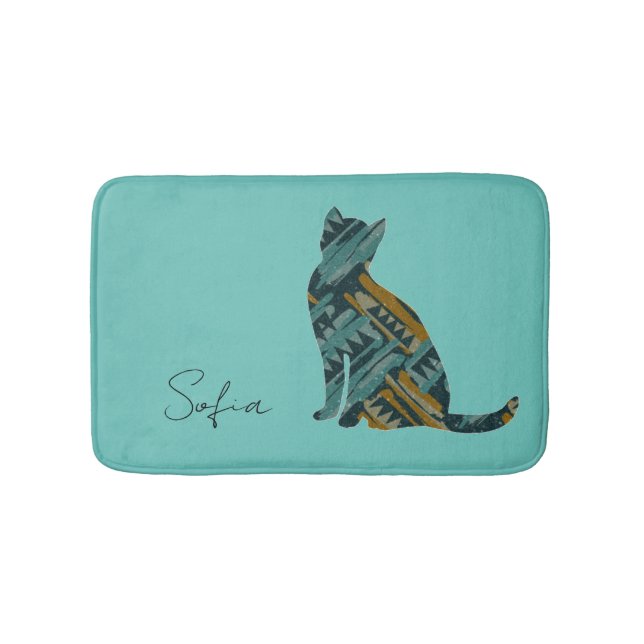 Abstract Turquoise and Gold Cat Bath Mat (Front)