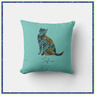 Abstract Turquoise and Gold Cat Cushion