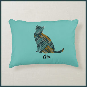 Abstract Turquoise and Gold Cat Decorative Cushion