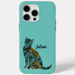 Abstract Turquoise and Gold Cat Lover iPhone 15 Pro Max Case
