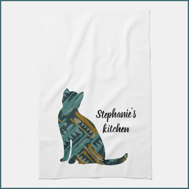 Abstract Turquoise and Gold Cat Lover  Tea Towel (Creator Uploaded)