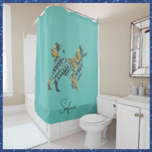 Abstract Turquoise and Gold Dog Shower Curtain