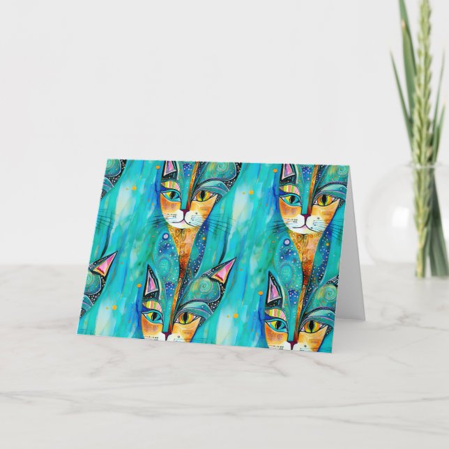 Abstract turquoise  cat thank you card (Front)