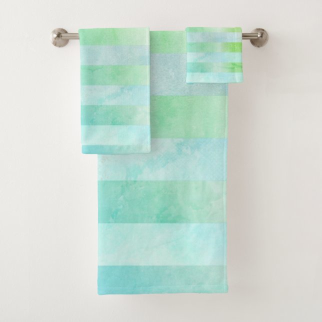 Abstract Turquoise Flowers Stripes in Watercolor Bath Towel Set (Insitu)