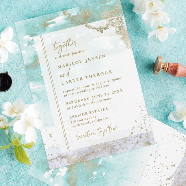 Abstract Turquoise Lavender Gold Modern Wedding Invitation (Creator Uploaded)