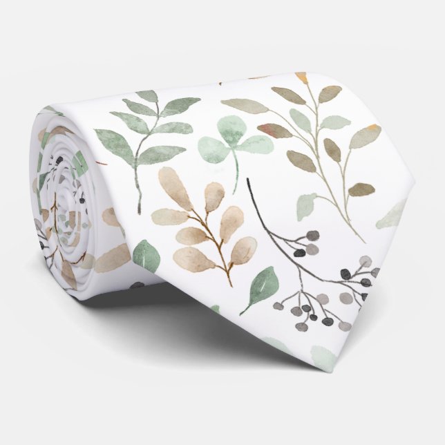 Abstract Twigs Leaves Green White Brown Tie (Rolled)