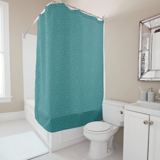 Abstract two tone teal retrogeometric pattern shower curtain (In Situ)