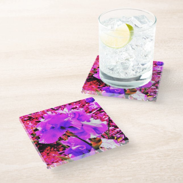 Abstract Ultra Violet Purple Iris on Red Glass Coaster (Angled)