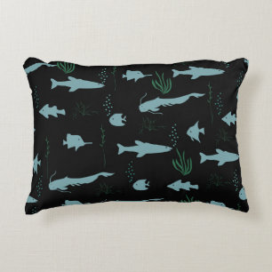 Abstract underwater pattern with fishes and seawee decorative cushion