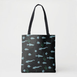 Abstract underwater pattern with fishes and seawee tote bag