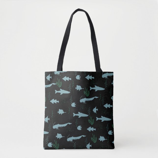 Abstract underwater pattern with fishes and seawee tote bag (Front)