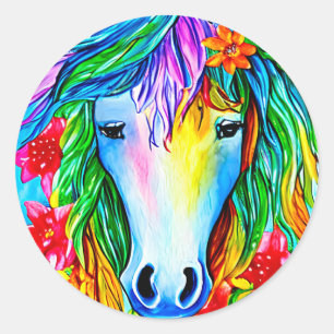 Abstract unicorn Face flowers watercolor Art Classic Round Sticker