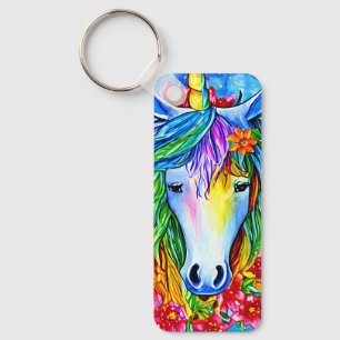 Abstract unicorn Face flowers watercolor Art Key Ring