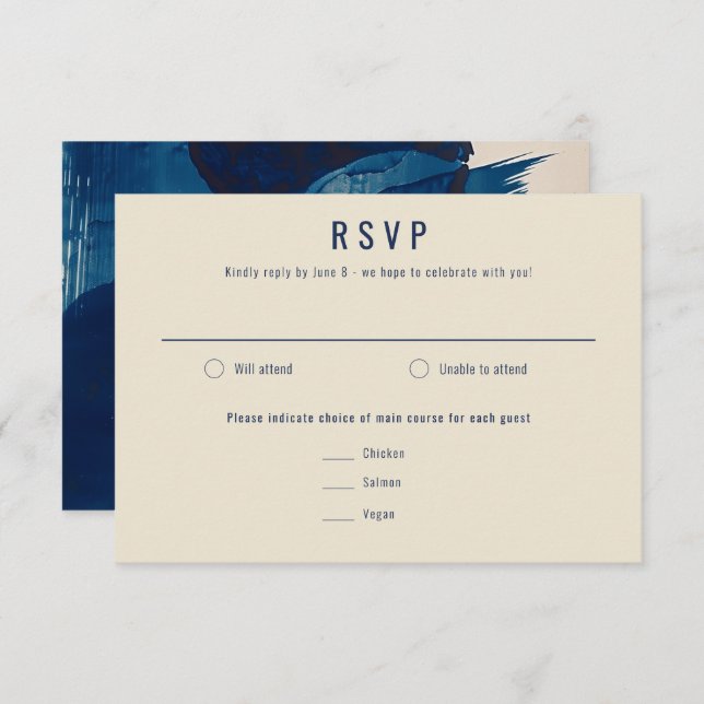 Abstract Unique Navy Blue Ink Painting Wedding RSVP Card (Front/Back)