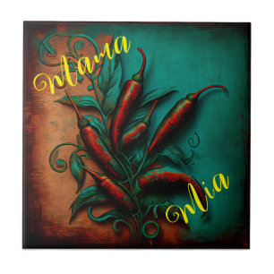 Abstract verdigris red chili painting  ceramic tile