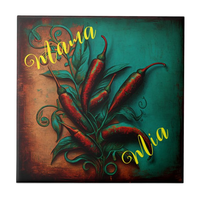 Abstract verdigris red chilli painting  ceramic tile (Front)