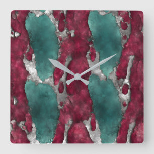 Abstract Verdigris & Ruby with Metallic Silver Square Wall Clock