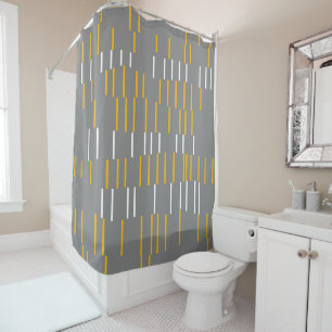 Abstract, vertical lines, grey, yellow, white shower curtain