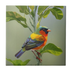 Abstract Vibrant Colours Songbird On Tree Branch Ceramic Tile