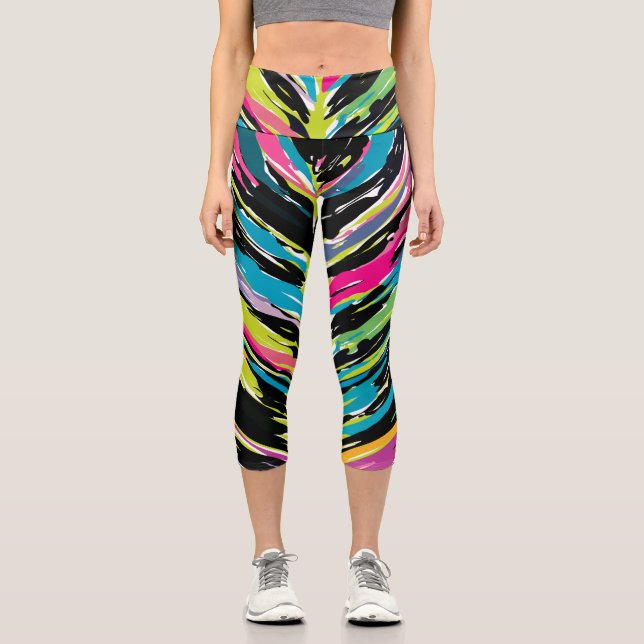 Abstract Vibrant Multicolor Tropical Leaf Capri Leggings (Front)