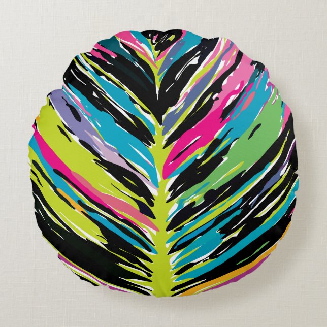 Abstract Vibrant Multicolor Tropical Leaf Round Cushion (Front)