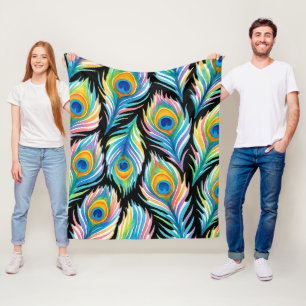 Abstract Vibrant Watercolor Peacock Feather Seamle Fleece Blanket
